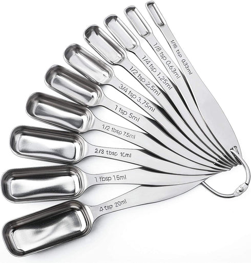 FANGSUN Stainless Steel Narrow Measuring Spoons, Heavy Duty Metal Measuring Spoons with Long Handle and Engraved Measurements Set of 10, For Dry or Liquid, Fits in Spice Jar