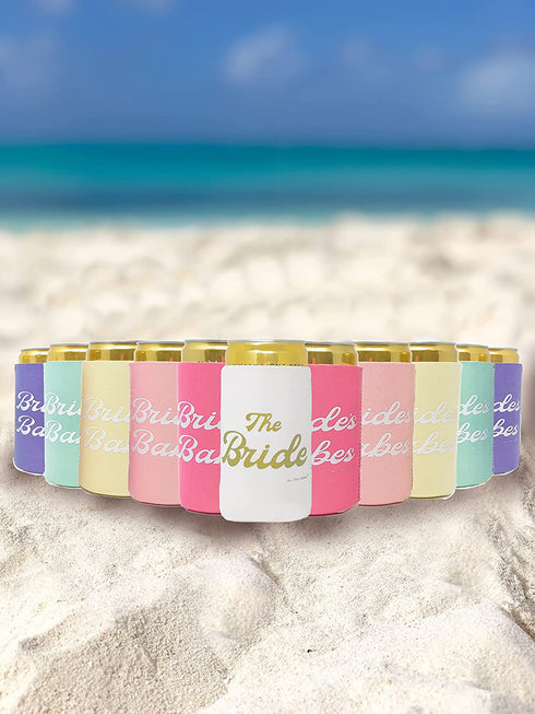 BRIDE'S BABES Bachelorette Party Can Sleeves - 11 Pack Insulated Neoprene Drink Holders for Regular Cans Bottles | Decorations, Supplies & Favors (Retro Rainbow)