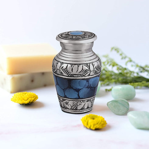 Blue Keepsake Urn - Mini Cremation Urn Black Velvet Small Box - Blue Urn for Human Ashes - Small Funeral Urn Blue Decorative Urn for Human Ashes Mini Keepsake Urn Small Urn for Loved One