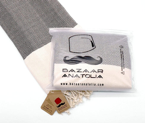 Bazaar Anatolia Herringbone Turkish Towel 100% Cotton Peshtemal Bath Towel 77x38 Thin Lightweight Travel Camping Bath Sauna Beach Gym Pool Blanket Fouta Quick Dry Towels (Black)