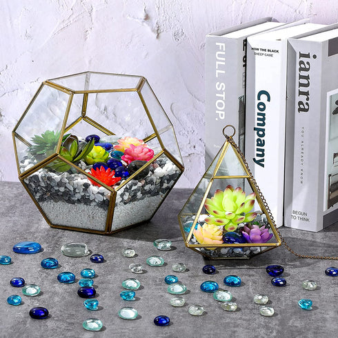 300 Pieces Flat Glass Marbles, Flat Gems, Decorative Aquarium Glass Stones, Glass Marbles Beads, Pebbles for Vase Fillers Wedding Garden Centerpieces Decor (Clear, Light Blue, Dark Blue)