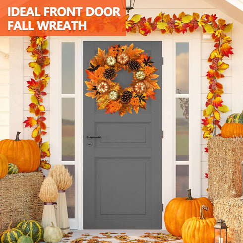 Rocinha Fall Wreath for Front Door Decor, 20 inch Autumn Wreath with Pine Cones Pumpkin Maple Leaf, Harvest Thanksgiving Decorations Fall Decorations for Home