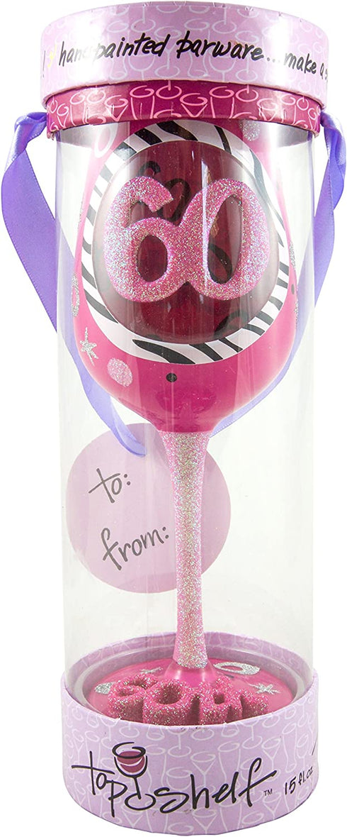 Top Shelf Decorative 60th Birthday Wine Glass, 1 Count (Pack of 1), Pink