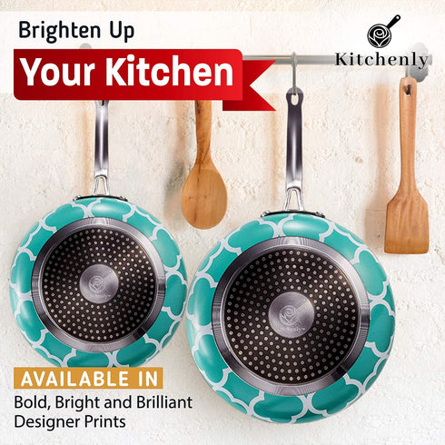 Kitchenly Nonstick Frying Pans with Lids - Granite Frying Pans with Stone Coating | Nonstick Skillet Cooking Pan Set | Electric, Gas, & Induction Compatible | 9.5 & 11 inch Pans | Turquoise - 2 Pack