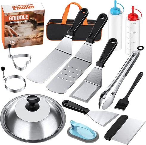 Blackstone Griddle Accessories Kit,14 PCS Griddle Grill Tools Set for Blackstone and Camp Chef,Enlarged Spatulas, Basting Cover, Scraper,Tongs,Grill Spatula Kit for Outdoor Camping Barbecue Teppanyaki