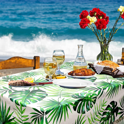 4 Pieces 51.2 x 86.6 Inch Hawaii Palm Leaves Tablecloth Tropical Rectangular Table Cover Disposable Plastic Tropical Leaf Table Cloth Hawaiian Tropical Leaves Tablecloth for Kitchen (Fresh Style)