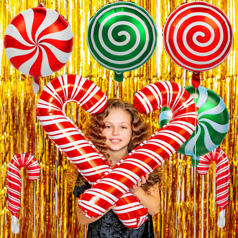 30Pcs Christmas Foil Balloons, Large Candy Cane Swirl Mylar Balloons with Ribbons, Red Green Balloons for Birthday and Candies Theme Party Decorations