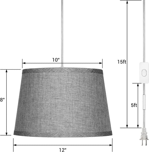 EDISHINE Plug in Pendant Light, Hanging Light with 15Ft Clear Cord, On/Off Switch, Grey Fabric Shade, Pendant Light Fixture for Bedroom, Kitchen, Living Room, Dining Table