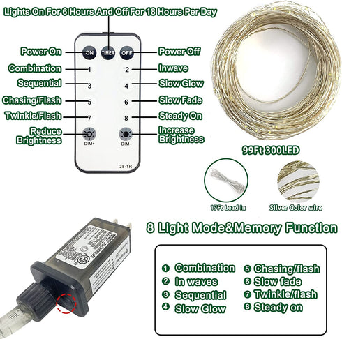 TURNMEON 300 LED 99 Ft Christmas Copper Wire Fairy LED String Lights with Timer 8 Modes Remote Plug in Christmas Lights Decoration for Indoor Outdoor Home Bedroom Xmas Tree Party Decor, Warm White