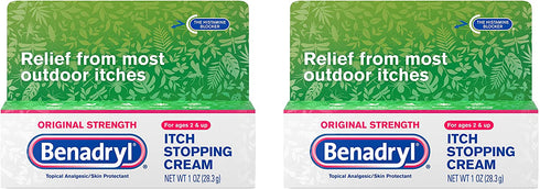 Benadryl Extra Strength Itch Stopping Anti-Itch Cream with Histamine Blocker, Diphenhydramine HCl Topical Analgesic & Zinc Acetate Skin Protectant for Relief from Most Outdoor Itches, 1 Oz (Pack of 2)