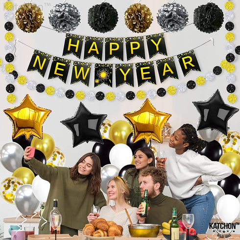 Huge New Years Eve Party Supplies 2022 - Pack of 70 | No DIY, Happy New Year Banner, Hanging Swirls and PomPoms for NYE Decorations 2022 | New Years Eve Decorations | Happy New Year Decorations 2022