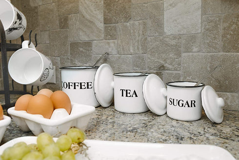 Creative Co-op Metal Containers with Lids, Coffee, Tea, Sugar (Set of 3 Sizes/Designs) Food Storage, White