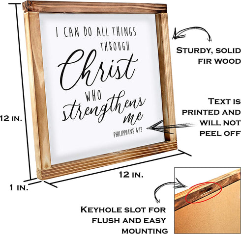I Can Do All Things Through Christ Wall Art Sign 12x12 Inch - Christian Wall Art, Bible Verse Wall Decor, Scripture Wall Art, Philippians 4 13 Wall Decor, Wooden Bible Verse Sign, Farmhouse Wall Decor