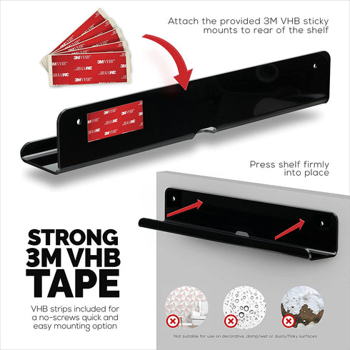 2-Pack 12" Slim Floating Shelves Mount, Adhesive or Screw Mount, for Tablets, Vinyl Records, Picture Frames, Phones, Universal Holder Shelf by Brainwavz (SHELF305 Black)