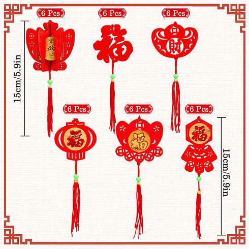 Whaline 36 Pieces Chinese New Year Decorations Chinese Knot Pendant Red Hanging Ornaments,Lucky Fu Pendants for New Year Home Office Car Trees Spring Festival New Year Decorations (6 Designs)