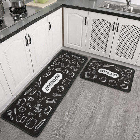 Fuoxowk Cooking Theme Kitchen Mat and Rug Set-Kitchen Rugs and Mats Non Skid Washable,Floor Cushion Waterproof Rug,Rubber Backed Area Rugs for Kitchen Sink,Laundry Room,Indoor Floor,Black&White