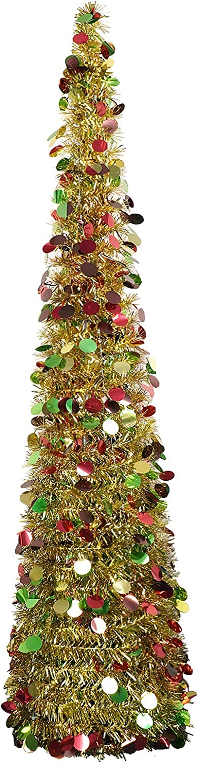 Artificial Christmas Tree,5ft Pop Up Pencil Tinsel Trees for Home Decorations Indoor Holiday Party WOKEISE(Colourful Gold)