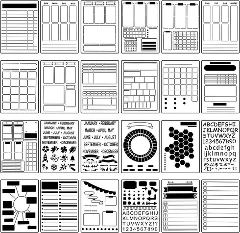 24 Pieces Journal Stencil Set Plastic Planner Bullet Journaling Stencils Ultimate Productivity Stencil DIY Templates to Create Calendars Schedule for A5 Journal Scrapbooking Notebook (Classic Style)