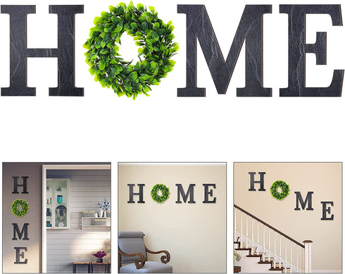 Wooden Home Sign with Green Wreath Flower, Wall Hanging Decor 11.8 Inch Home Decorative Sign Rustic Wooden Letters Decor for Living Room Kitchen Entry Way Housewarming Decoration