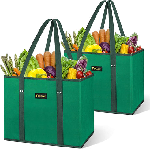 BALEINE 2 Pack Reusable Grocery Bags Shopping Bag with Reinforced Bottom and Handles (Green)