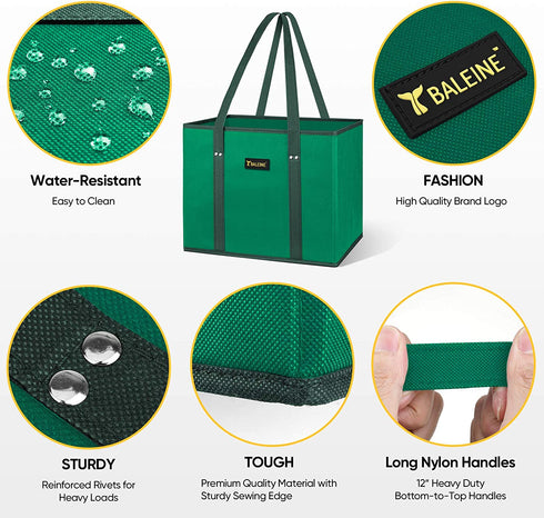 BALEINE 2 Pack Reusable Grocery Bags Shopping Bag with Reinforced Bottom and Handles (Green)