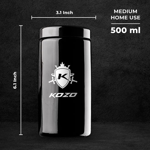 KOZO Airtight Storage Jar - Made of Black Glass, with UV Protection. Airtight Container with Humidity Pack. Keep your Serving Spices, Herbs, Coffee and Sugar Fresh for Longer, Large Stylish 2 oz Size (500 ml)