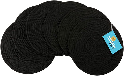 OrganiHaus Cotton Rope Woven Placemats | Round Placemats Set of 6 | Heat Resistant and Absorbent Fabric Rustic Placemats for Dining Table Mats or Countertop Protection - Full Black
