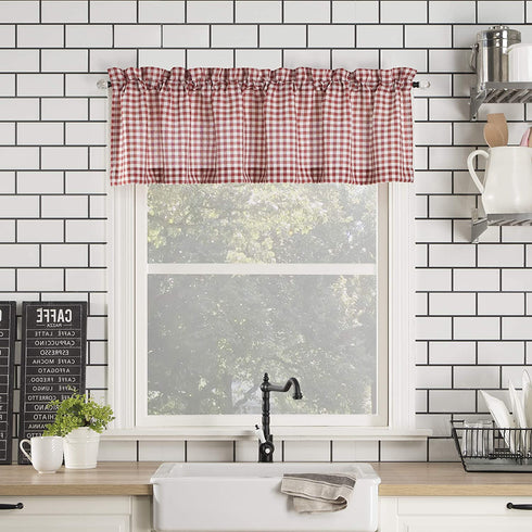 No. 918 Parkham Farmhouse Plaid Semi-Sheer Rod Pocket Kitchen Curtain Valance and Tiers Set, 54 in x 24 in (3 Piece, Red/White