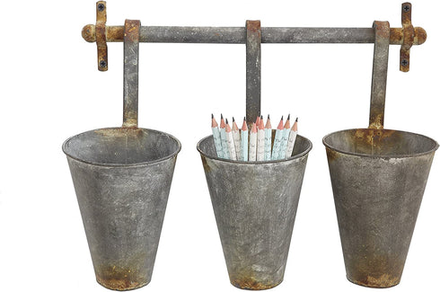 Creative Co-Op Antiqued Metal Wall Rack with 3 Hanging Tin Pots