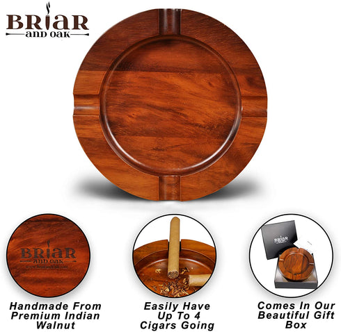 Briar & Oak Wood Cigar Ashtray - Large, Outdoor Cigar Ashtray Bowl for Patio, Indoor, Home & Office Use Cool Cigar Ashtray Gift for Men (Indian Walnut (4 Slot))