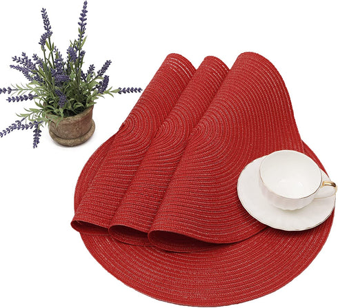 SHACOS Round Placemats Set of 6 Woven Braided 15 inch Circle Placemat for Dining Tables Kitchen Table Mats Washable (Red, 6)