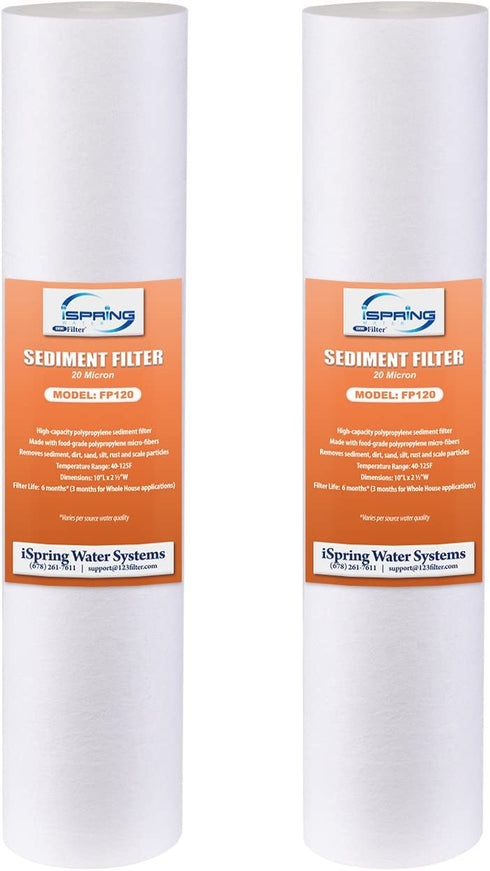 iSpring 10"x2.5" Multi-Layer PP FP120X2 Universal Sediment Filter Cartridges 20 micron 2-Pack White