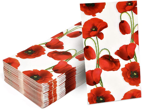 100 Poppy Floral Guest Napkins Decorative Hand Napkin Red Poppies Flowers Disposable Paper Towels for Bathroom Toilet Powder Room Wedding Holiday Christmas Valentine Spring Dinner Party Guests Towel