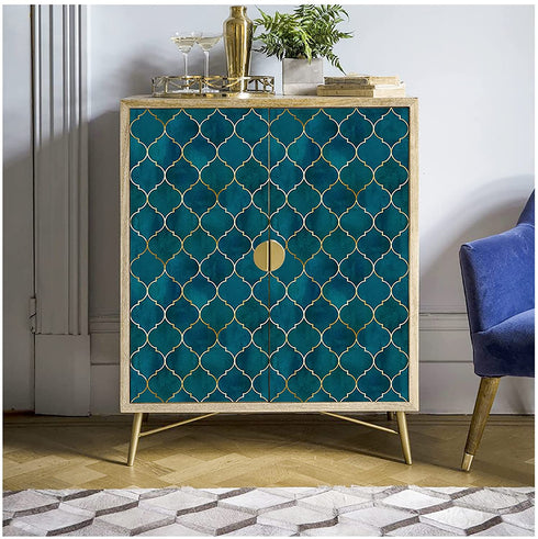 HaokHome 96034 Peel and Stick Wallpaper Graphic Trellis Sapphire Blue/Gold Removable contactpaper for Home Bathroom Decorations 17.7in x 118in