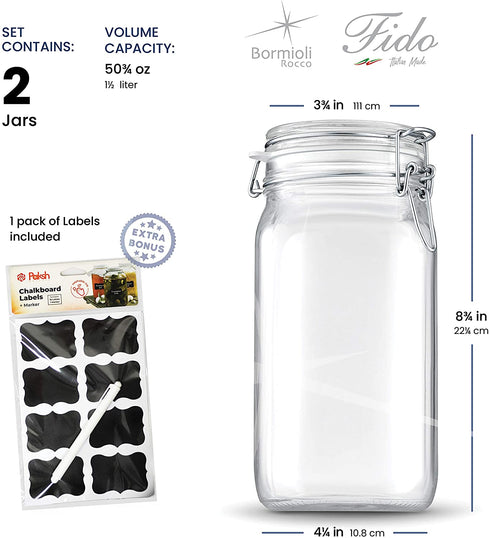 Bormioli Rocco Glass Fido Jars - Hermetic Sealed Hinged Airtight Lid for Fermenting, Pantry, Kitchen Storage Jars, Bulk Food Storage Containers, With Paksh Chalkboard Labels (2 Pack) (50 3/4 Ounce (1.5 Liter))