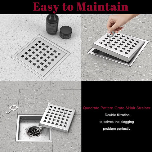 Fibetter Square Shower Drain, 4-1/4 Inch SUS 304 Stainless Steel Grid Pattern with Hair Strainer Square Drain for Shower - Brushed Nickel