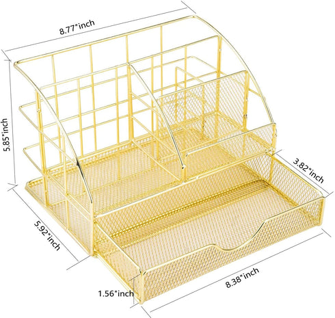 Upgraded Desk Organizer for Women, Cute Mesh Office Supplies Accessories Essentials Caddy with Drawer for Home & Office Desktop Organization & Decor, Gold