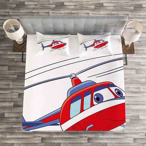 Lunarable Helicopter Bedspread, Cartoon Style Helicopter Character Flying Transportation Plane Chopper, Decorative Quilted 3 Piece Coverlet Set with 2 Pillow Shams, King Size, Vermilion Lavender