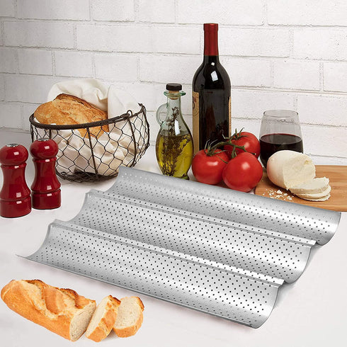 GGC Baguette Pan, Nonstick Perforated French Bread Pan for Baking, Silver Food Grade Coating, Baguette French Baking Pan Has Fast Heat Conduction to Cook 3-Wave Crispy Breads Loaves (15" x 9.5")