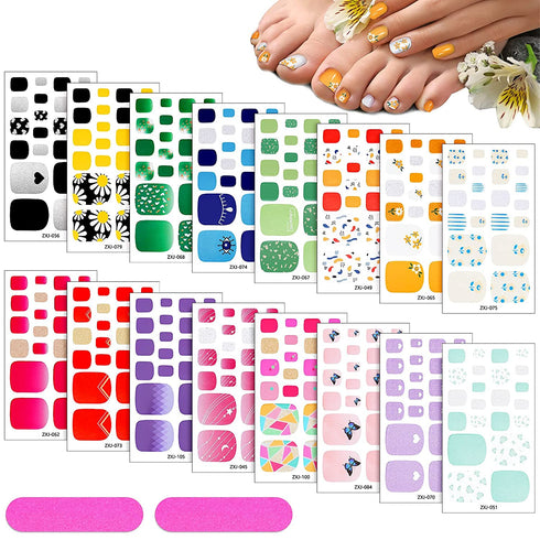 352 Pieces 16 Sheets Full Toe Nail Wraps Toenail Polish Stickers Adhesive Toe Nail Wraps DIY Glitter Toe Nails Manicure Decals with 2 Pieces Nail Files for Women and Girls (Fresh Style)