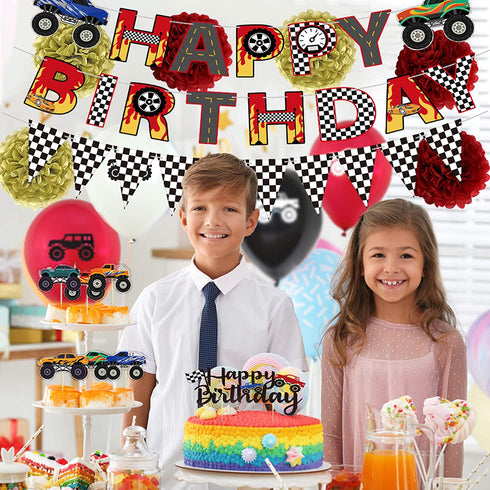 54 Pcs Monster Truck Birthday Supplies - Happy Birthday Banner Monster Truck Banner Checkered Triangle Bunting Flags, Pom Poms Flower, Hanging Swirls Truck Shape, Multicolor Balloons with Truck