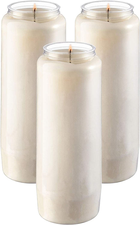 Tribello 9 Day Candles, 3 Pack - 7? White Pillar Candles for Memorial, Prayer Candles, Party Decor, and Emergency Candles - Unscented Slow Burning 100% Vegetable Wax in Plastic Jar Container