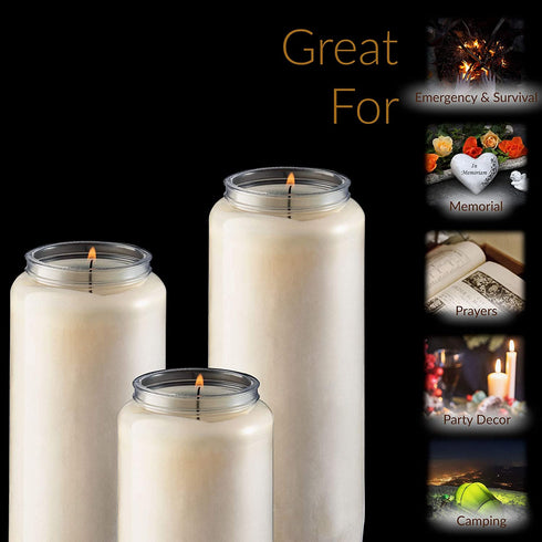 Tribello 9 Day Candles, 3 Pack - 7? White Pillar Candles for Memorial, Prayer Candles, Party Decor, and Emergency Candles - Unscented Slow Burning 100% Vegetable Wax in Plastic Jar Container