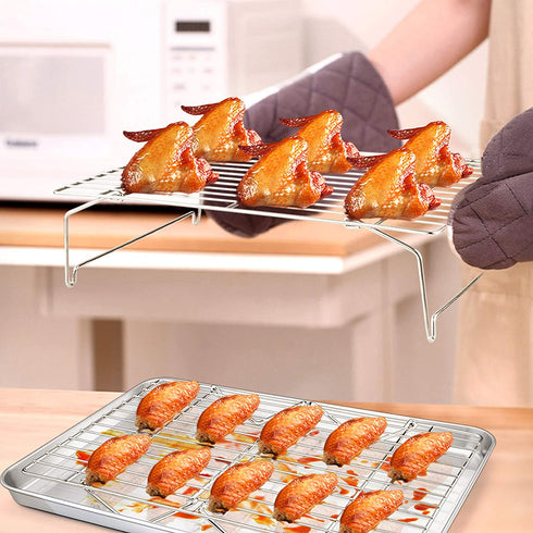 Baking Sheet and 2-Tier Cooling Racks Set, P&P CHEF Stainless Steel Baking Pan Tray with Stackable Cooking Wire Rack for Cookie Bacon Meat, Uncoated & Non-toxic , Mirror Finish& Dishwasher Safe - 3Pcs