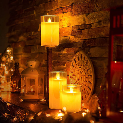AQUEENLY Christmas Flameless Candles with Timer Led Candles with Remote Glass Battery Operated Candles with Flickering Flame for Christmas Table Decorations (Gold, 3 Pack, D 3'' H 4''5''6'')