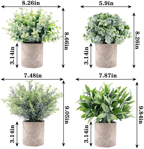 CEWOR 4 Packs Artificial Mini Potted Plants Fake Grey Greenery Eucalyptus Rosemary Boxwood Plastic Centerpiece for Bathroom Shelf Home Office Desk Table Indoor Decor