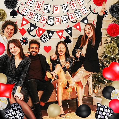 45 Piece Casino Party Decoration Supplies Set, Poker Birthday Banner Triangle Banner Tassel Garland Cake Topper Latex Balloon Hanging Swirl Paper Pom Poms for Halloween Decoracion De Casino