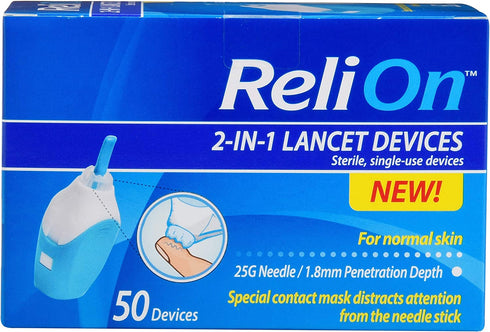 Relion 2-in-1 Lancet Device 25 Gauge 1.8mm for Normal Skin 50 Count