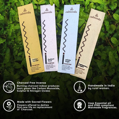 Natural Incense Sticks Variety Pack - (4 Scents, 48 Sticks) Charcoal-Free, Made from Upcycled Flowers | White Sage Incense, Frankincense Incense, Rose Incense & Sandalwood inscents Sticks