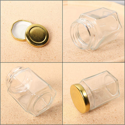 HWASHIN 24 Pack 3 oz Hexagon Glass Jars with Gold Lids, Honey Jars Small Spice Jars Mason Jars with 30pcs Labels and 2 Sponge Brushes for Jam, Baby Foods, Gifts, Wedding Party Favors